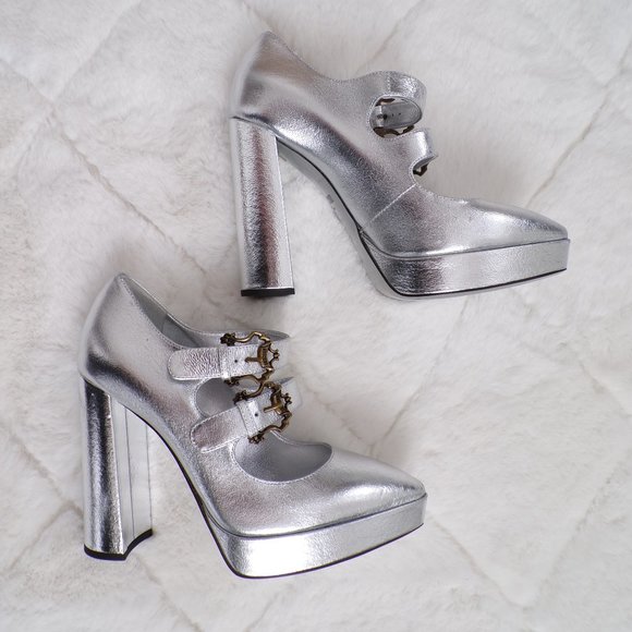 Moschino Metallic Crackle Leather Ornate Buckle Block Heel Platform Pump Lux NIB - Picture 3 of 16